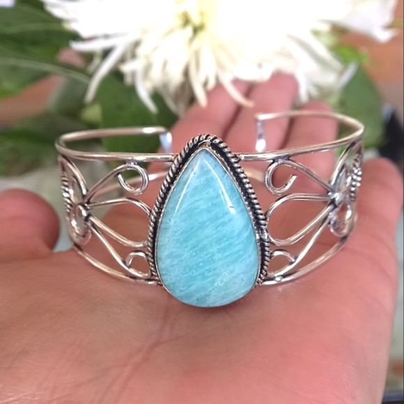 Genuine Amazonite Gemstone Sterling Silver Cuff Bracelet